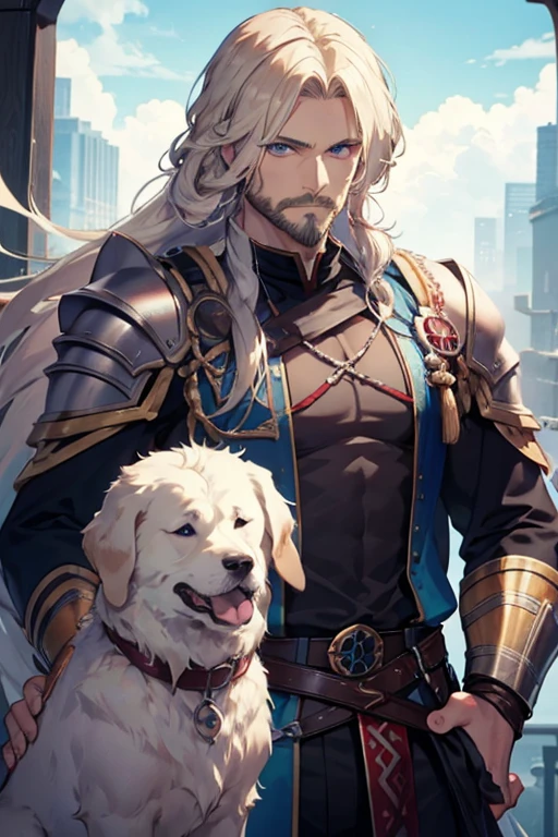 A muscular blonde haired male viking with blue eyes with long hair and a dark beard is holding a dog
