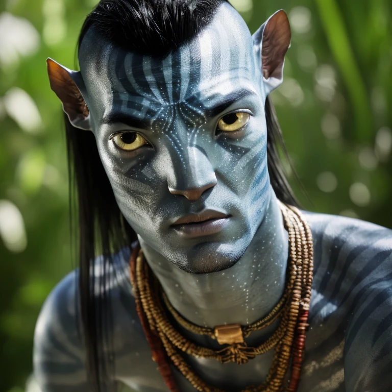 avtr:0.9, avatar style, portrait photo:1.6, man, male, (asian, indonesian, thai), gray skin color:1.0, (gray skin tone:1.3), mohawk hairstyle, (long hair:1.0), black hair color, adult, (35 years old:1), wearing tribal clothing, wearing a loincloth, detailed eyes, toned body, muscled body, glowing, ethereal atmosphere, natural lighting, textured skin, otherworldly beauty, mesmerizing photography, (best quality, highres), vivid colors, ultrarealistic, skin details, striped skin, sfw, face close-up, (eyebrowless:1.0), ultradetailed body