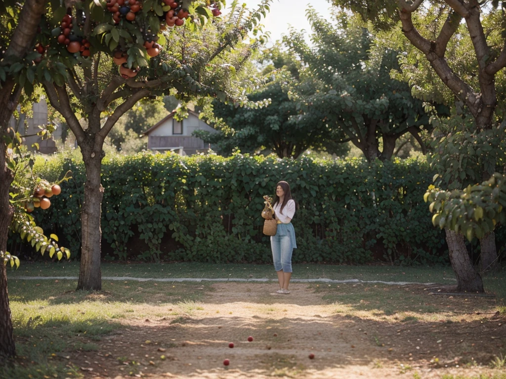 a sunny day in an old fruit orchard with fruit, crops, and baskets filled with various fruits. The garden is adorned with vines, and the fruits are arranged beautifully around the baskets. The scene is vibrant and full of life. The fruits glisten in the sunlight, showcasing their colors and freshness. The orchard exudes a nostalgic charm and the air is filled with the sweet aroma of ripened fruits. The overall atmosphere is peaceful and serene, inviting visitors to indulge in the bountiful harvest. The high-quality, detailed artwork captures the essence of the scene, bringing it to life with its photorealistic depiction. The colors are vivid and vibrant, enhancing the natural beauty of the fruits and the surrounding landscape. The lighting is soft and warm, creating a gentle and inviting ambiance. This masterpiece showcases the abundance and joy of nature's bounty, inviting viewers to immerse themselves in the beauty of this sun-kissed fruit orchard.