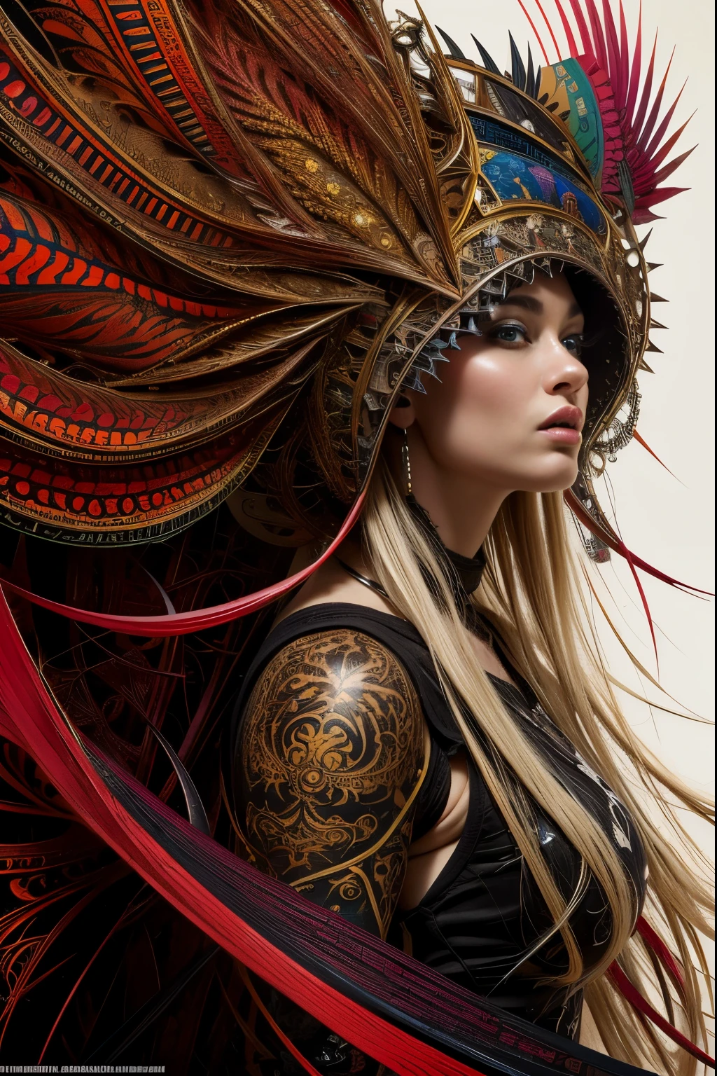 (masterpiece, top quality, best quality, official art, beautiful and aesthetic:1.2), (1girl), extreme detailed,(fractal art:1.3),colorful,highest detailed Rated R, nsfw, sexy female cyborg, magazine cover, poster art , Lovecraftian horror tattoos, tattoos, hint of vibrant, bold huge text, matted design layout.