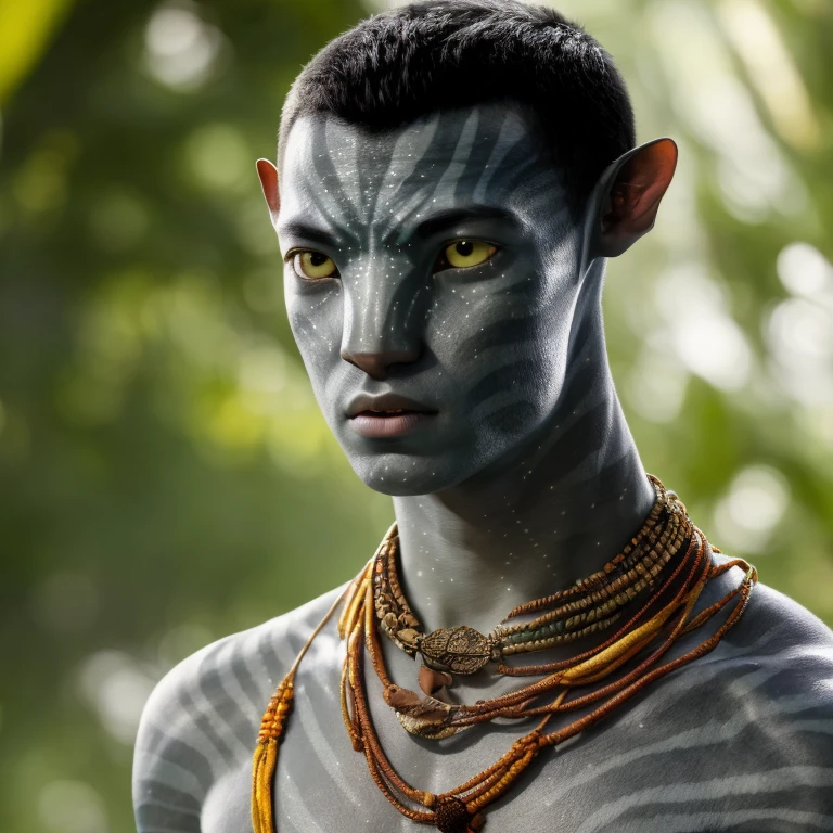 avtr:0.9, avatar style, portrait photo:1.6, man, male, (asian, indonesian, thai), gray skin color:1.0, (gray skin tone:1.3), (messy short hair:1.0), black hair color, teen, (18 years old:1), wearing tribal clothing, wearing a loincloth, detailed eyes, toned body, muscled body, glowing, ethereal atmosphere, natural lighting, textured skin, otherworldly beauty, mesmerizing photography, (best quality, highres), vivid colors, ultrarealistic, skin details, striped skin, sfw, face close-up, (eyebrowless:1.0), ultradetailed body