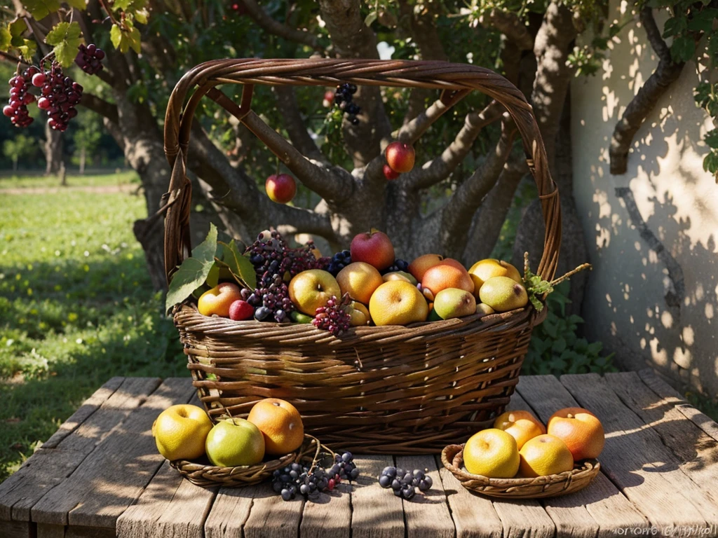 In a sunny fruit orchard, an old wooden table is adorned with a basket overflowing with a variety of fruits. The basket is surrounded by vibrant grapevines and lush green foliage. The table's surface shows signs of age and wear, adding a touch of rustic charm to the scene. The fruits in the basket are carefully arranged, creating a visual feast of colors and textures. The basket contains a generous assortment of mouth-watering fruits, including succulent berries, juicy oranges, ripe apples, and luscious grapes. The aroma of the fruits fills the air, enticing anyone who walks by. The abundant crops in the orchard serve as a testament to the bountiful harvest. The warm sunlight bathes the scene, casting gentle shadows and illuminating the vibrant colors of the fruits. The combination of the sunny day, the delectable fruits, and the old-world charm of the setting creates a picturesque and inviting scene. The artwork should be of the best quality, displaying ultra-detailed, sharp focus, and vivid colors. The style should capture the essence of a realistic and inviting fruit still life painting, showcasing the beauty and abundance of nature's harvest. The color palette should be rich and vibrant, with warm tones accentuating the natural colors of the fruits. The lighting should emphasize the textures and details, creating a sense of depth and dimension in the artwork.