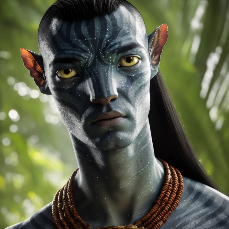 avtr:0.9, avatar style, portrait photo:1.6, man, male, (asian, indonesian, thai), gray skin color:1.0, (gray skin tone:1.3), mohawk hairstyle, (long hair:1.0), black hair color, adult, (35 years old:1), wearing tribal clothing, wearing a loincloth, detailed eyes, toned body, muscled body, glowing, ethereal atmosphere, natural lighting, textured skin, otherworldly beauty, mesmerizing photography, (best quality, highres), vivid colors, ultrarealistic, skin details, striped skin, sfw, face close-up, (eyebrowless:1.0), ultradetailed body