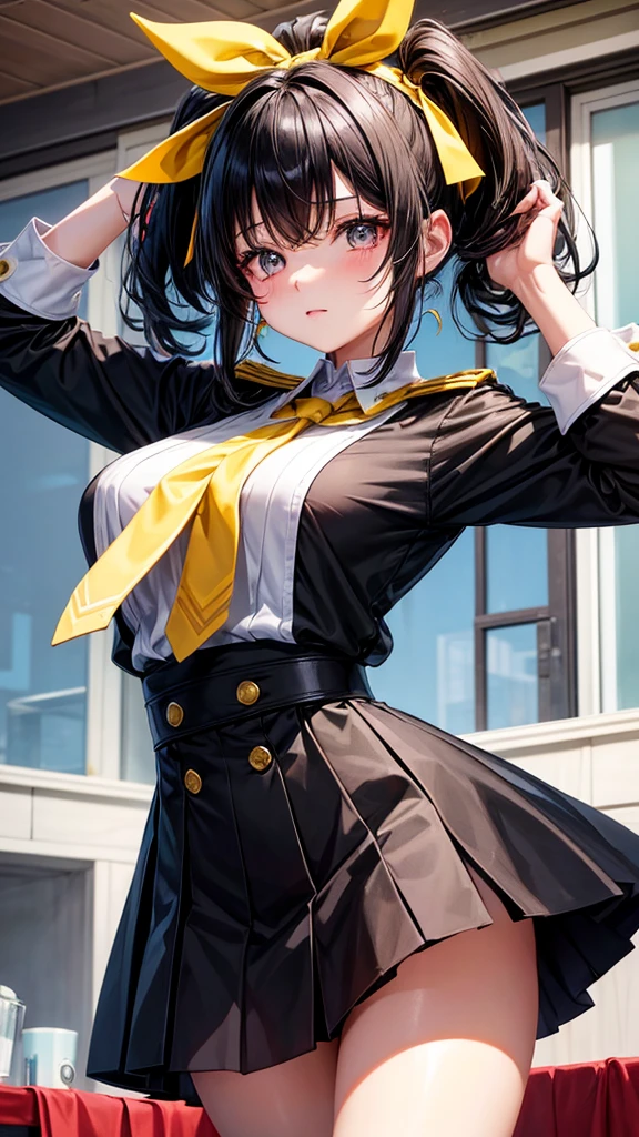 tie、black hair、slightly reddish eyes、very big yellow stripes々A girl wearing a ribbon on the back of her head、chest、black uniform、middle School girls、girl looking at the front
