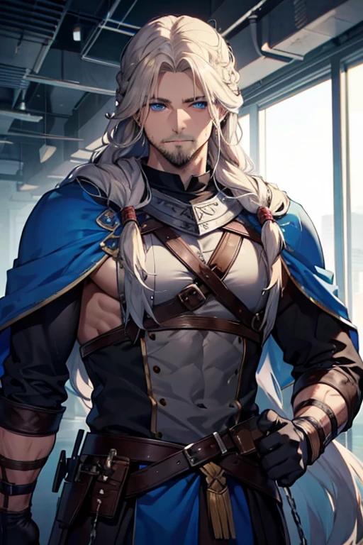 A muscular blonde haired male viking with blue eyes with long hair and a dark beard is picking up supplies
