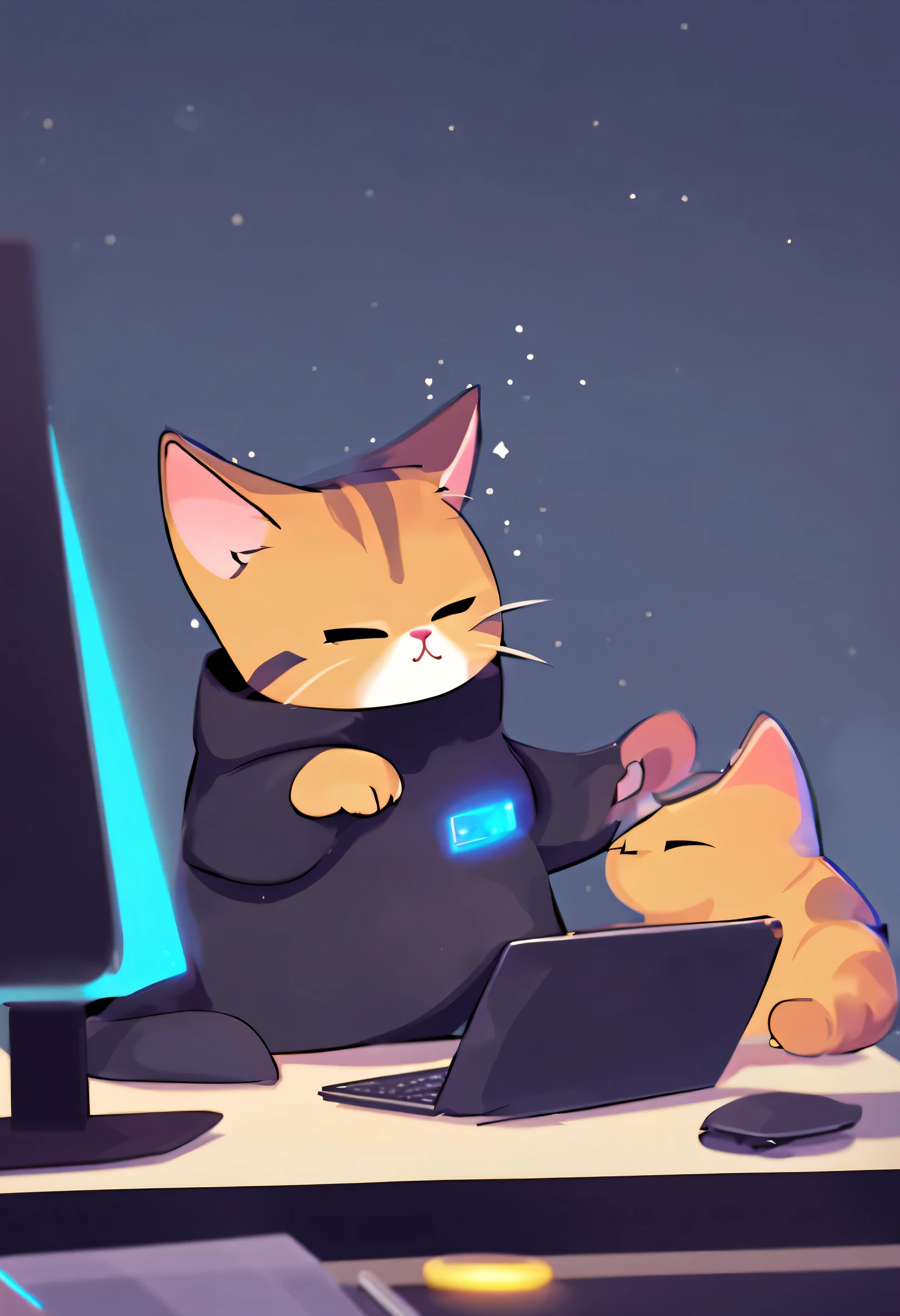 chibi cat is tired of coding, he uses dark force of zerocode