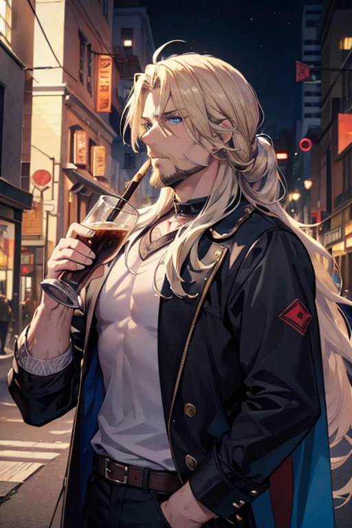 A muscular blonde haired male viking with blue eyes with long hair and a dark beard is drinking a beard on the street of a busy city
