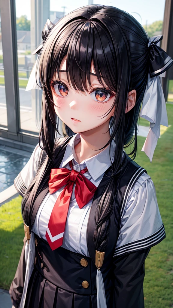 tie、black hair、white eyes、very big stripes々A girl wearing a ribbon on the back of her head、chest、black uniform、female 、girl looking behind、Watery eye