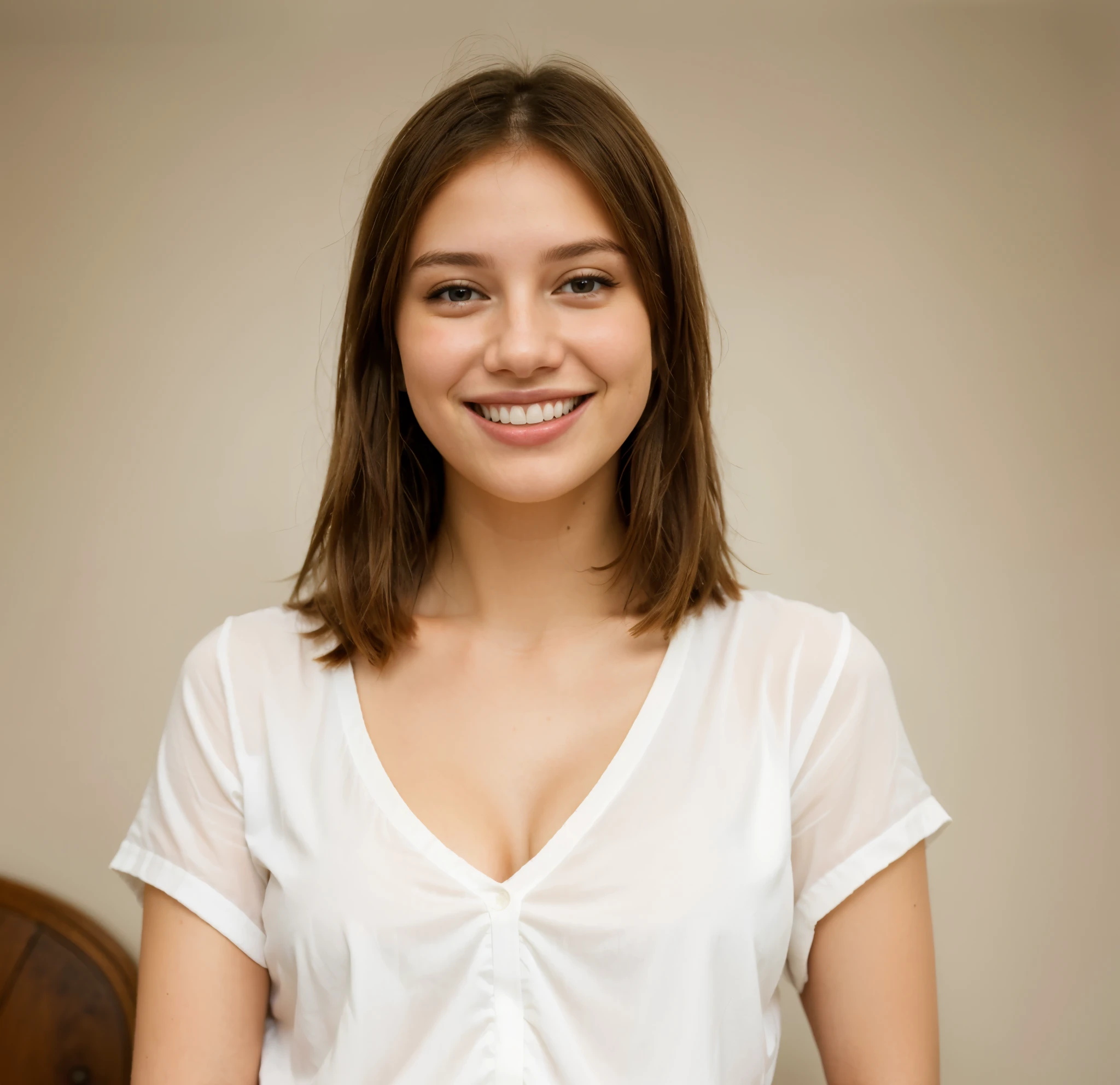 a close up of a woman with a white shirt and a smile, smiling young woman, photo of young woman, portrait sophie mudd, photo of a woman, portrait of happy a young woman, smiling girl, a cute young woman, she is smiling, cute young woman, subtle confident smile, solid background, she is smiling and happy, medium-length portrait