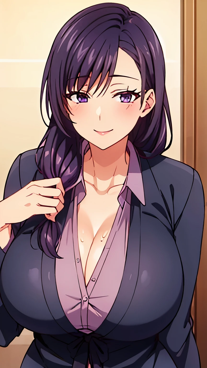 1 milf, purple slightly black hair, big breasts, sexy body, smiling, wearing a school uniform that showing her cleavage 