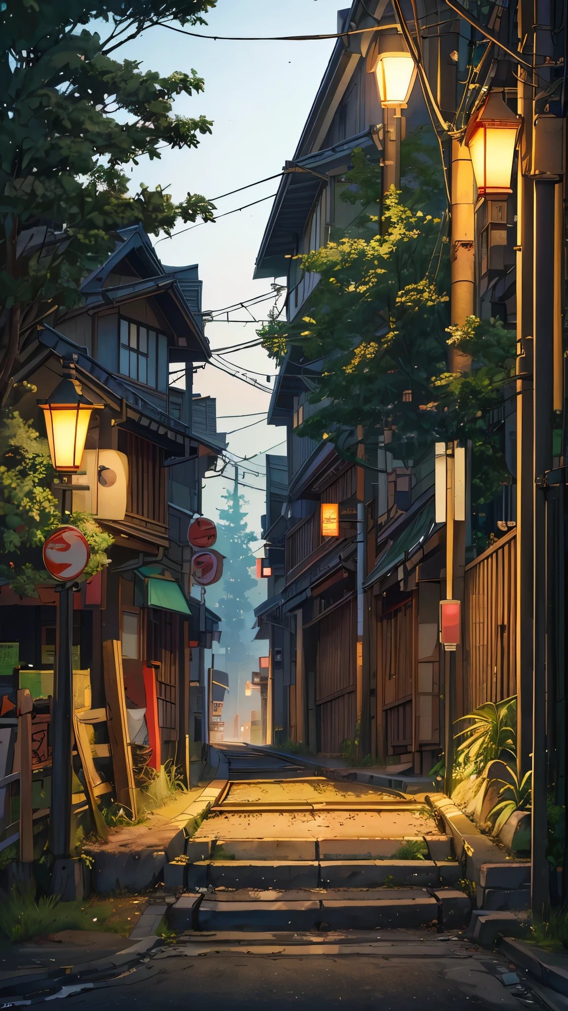 (Masterpiece, best quality: 1.4), night ligthning, dark, japanese crossing sign, railroad crossing, japanese streets, trees, greens, ((night scene: 1.5)), (night light: 1.3), plants, narrow road, ((street lamp: 1.2))