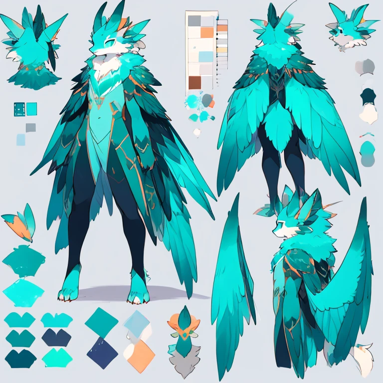 Cute, Ginger and teal fur, fluffy, moth dragon, moth antenna, neck fur, colored sketch, avatar, digital art, wings, drawing, reference sheet
