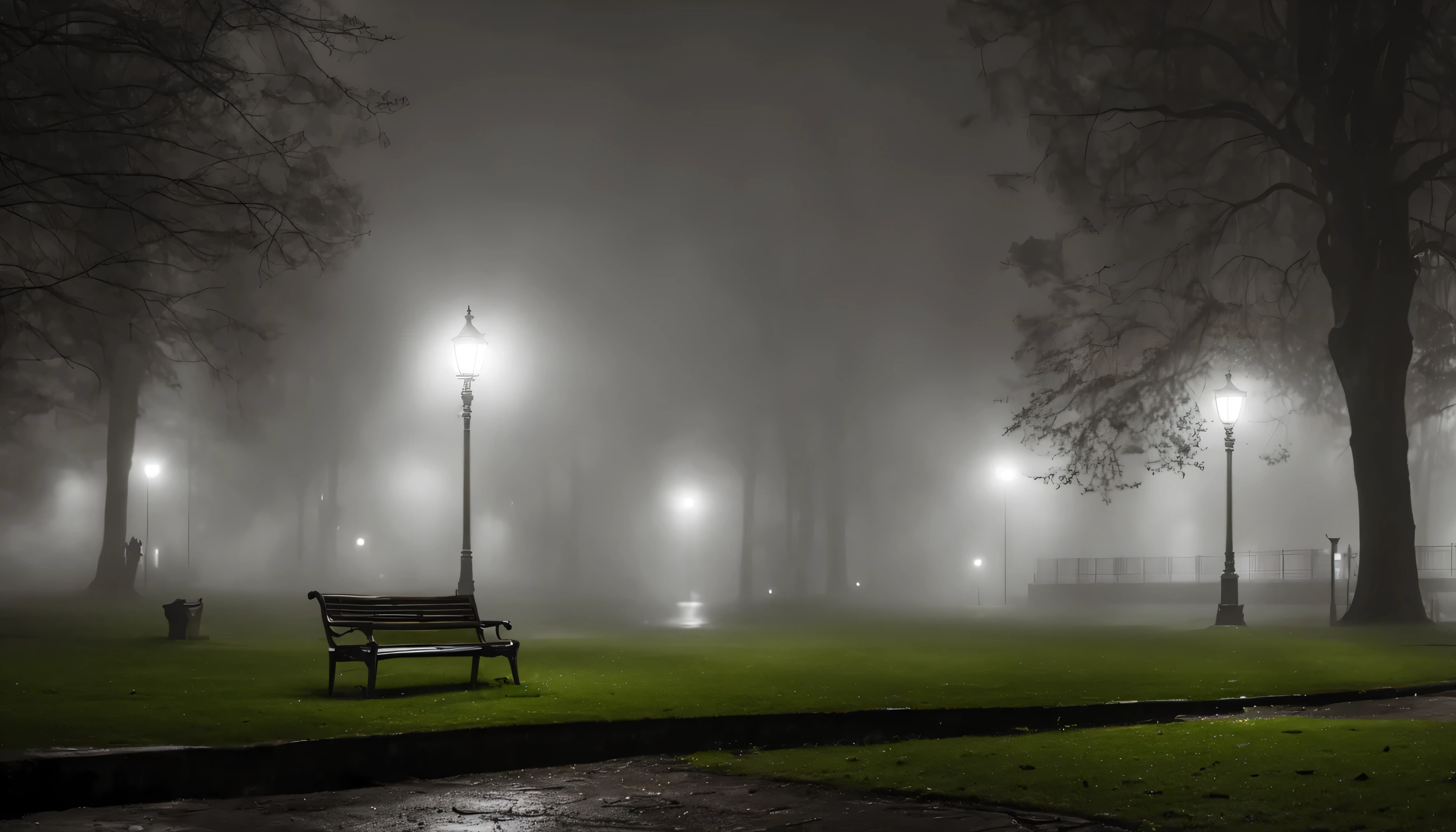 a park at night with fog on a rainy day