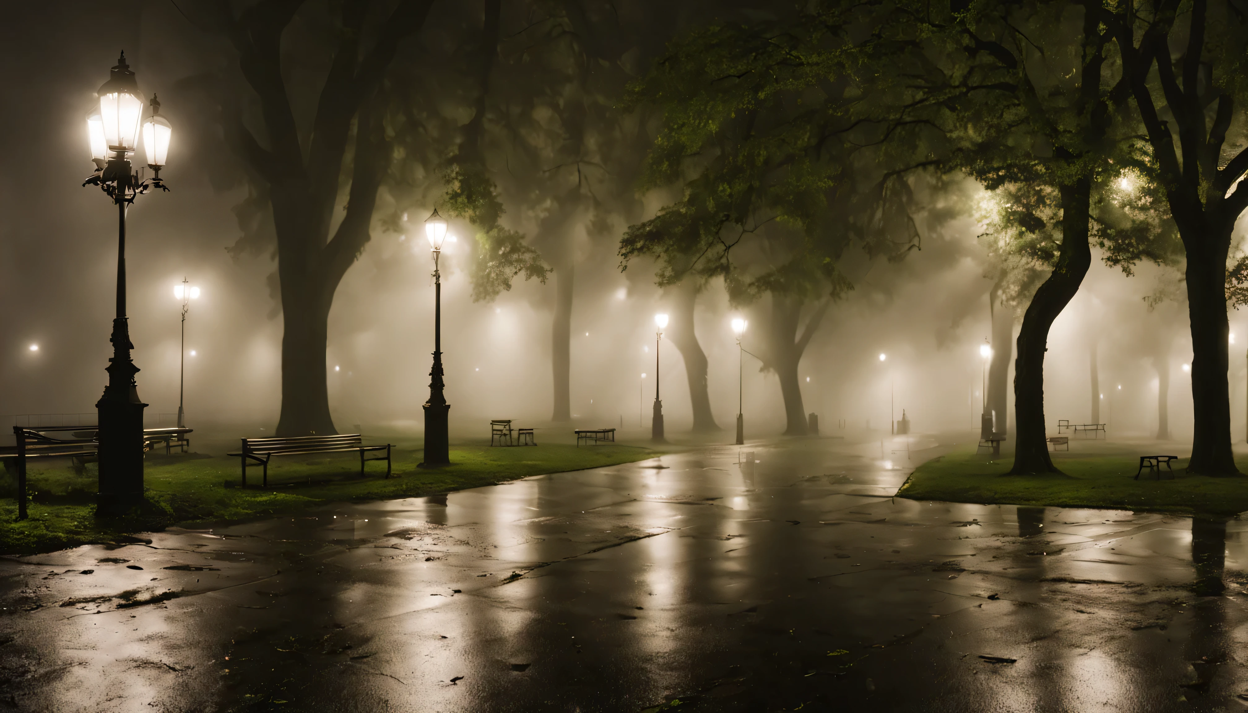 a park at night with fog on a rainy day