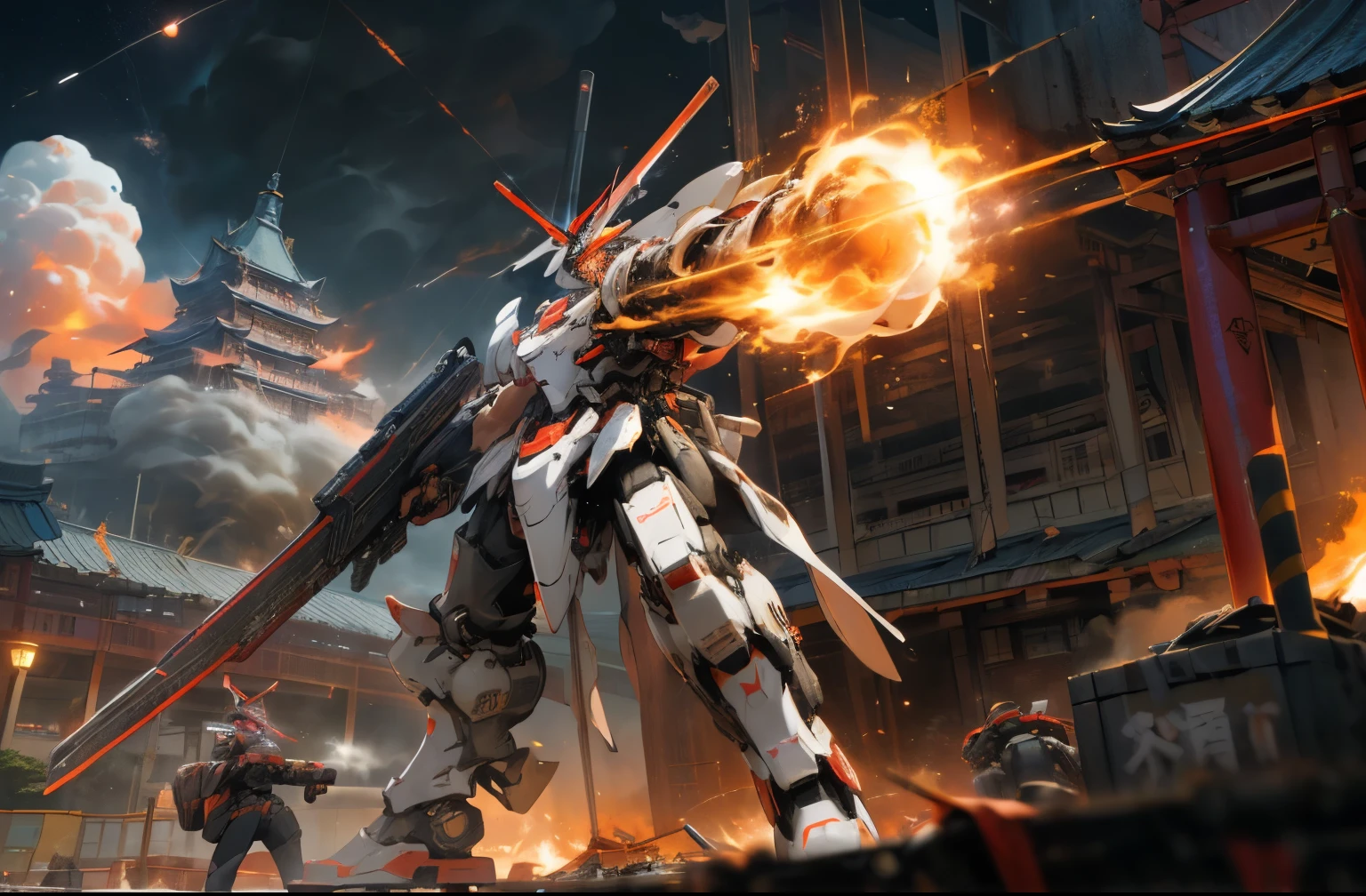 at night, holding_weapon, no_humans, shine, , robot, Rasvos,read body,construction, glowing_eyes, Mecha, science_fiction, china castle, real,Mecha、敵のrobotを破壊,Burning Buildings、Double rifle possession、Funnel Strafing、Relaunch Attack、A building explodes