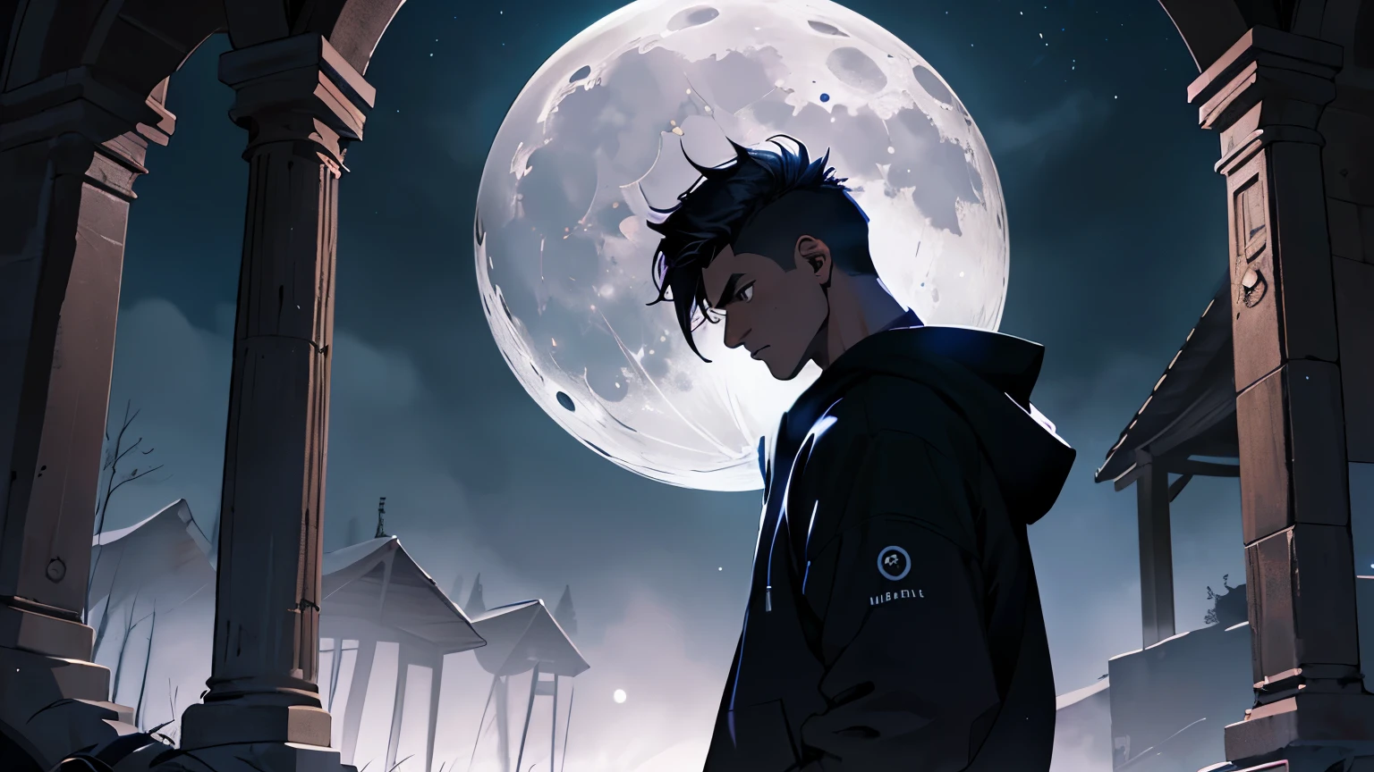 Dibuja a un joven con sudadera negra con la capucha puesta, sentado en un campo de noche. He&#39;s thinking about his past. Dramatic moon lighting illuminates the scene, proyectando sombras profundas. The young man looks thoughtful and melancholic. 