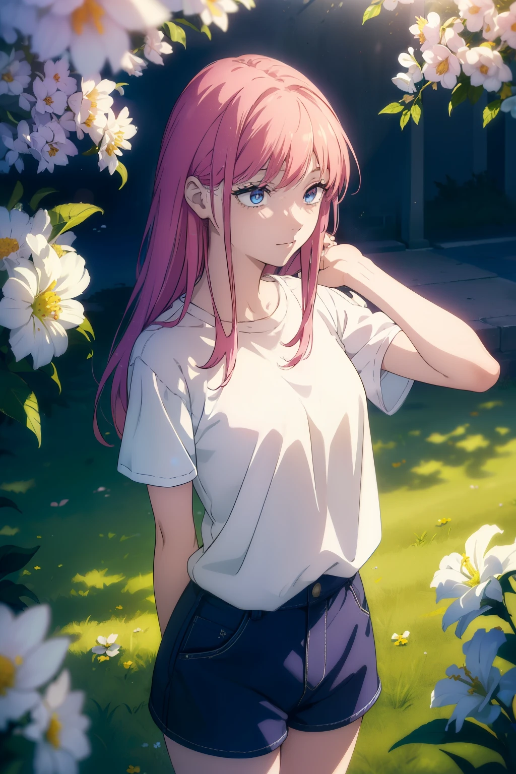 ((((Obra maestra, La mejor calidad, ultrahigh resolution)))), 1girl, standing, (baggy white t-shirt, loose fitting blue shorts, back hair, pink hair over eye)), long hair cut, pale skin, ((blue eyes)), glowing_eyes, neon eyes, (ultra detailed eyes:0.7, beautiful and detailed face, detailed eyes:0.9), ((centered)), smile, ((wide shot)), facing viewer, (((vibrant background of outside, flowers, bright lighting, summer, sunlight))), flat chested, ((looking at viewer)), ((half closed eyes)), ((perfect hands)), ((head:1, hips, elbows, arms, in view)), ((hands behind back)), empty eyes, beautiful lighting, defined subject, 25 years old, ((cool looking)), ((from above, wide shot))