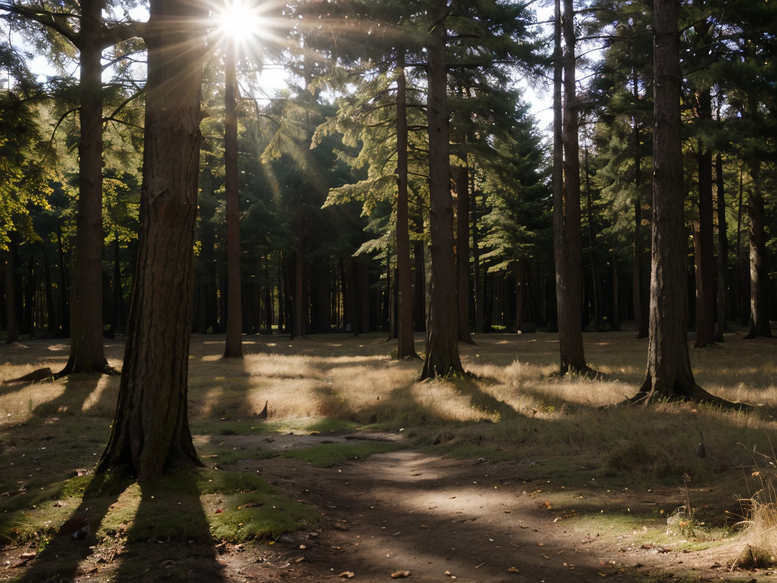 Trees, woodland, sunlight.
