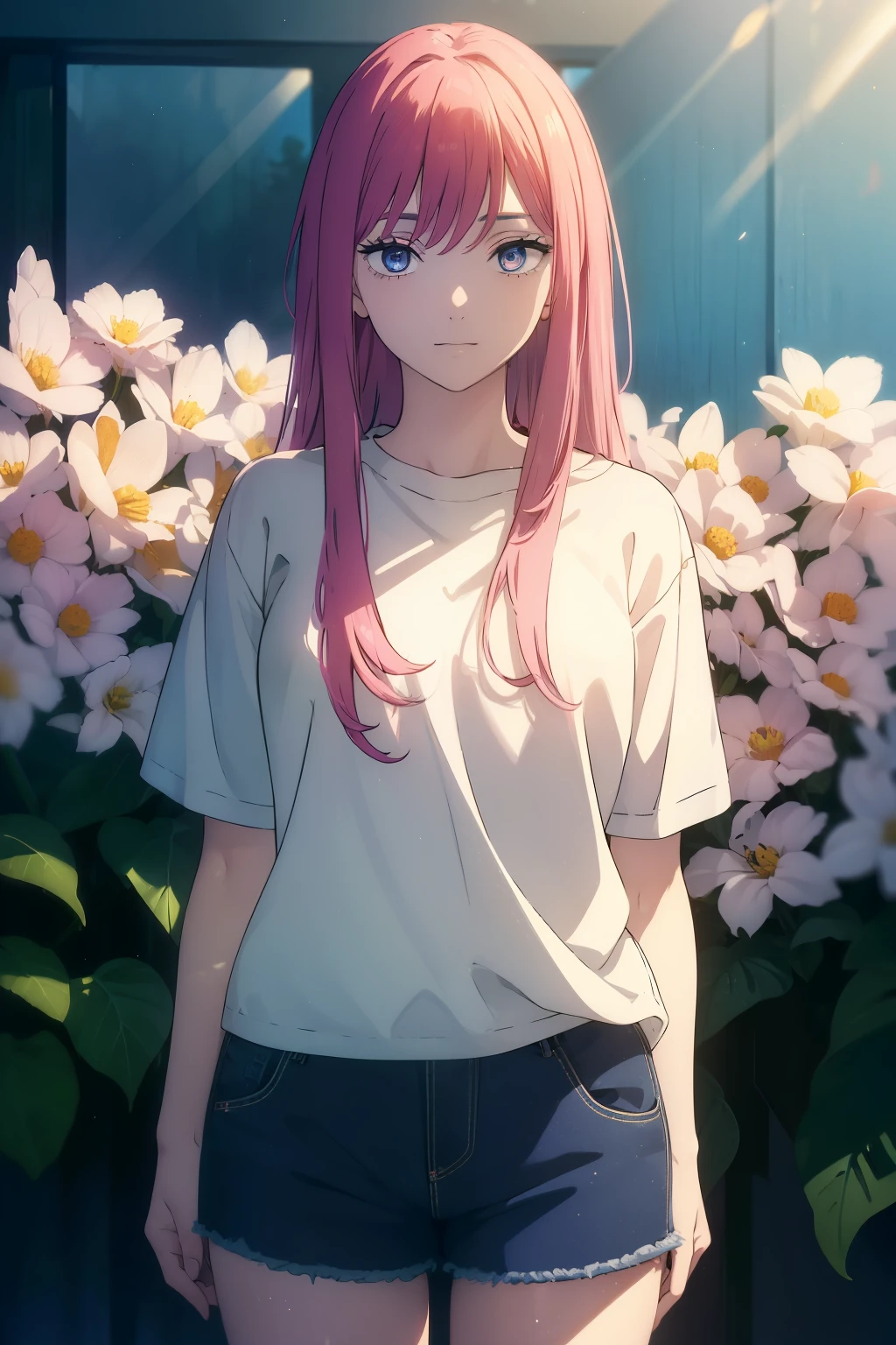 ((((Obra maestra, La mejor calidad, ultrahigh resolution)))), 1girl, standing, (baggy white t-shirt, loose fitting blue shorts, back hair, pink hair over eye)), long hair cut, pale skin, ((blue eyes)), glowing_eyes, neon eyes, (ultra detailed eyes:0.7, beautiful and detailed face, detailed eyes:0.9), ((centered)), smile, ((wide shot)), facing viewer, (((vibrant background of outside, flowers, bright lighting, summer, sunlight))), flat chested, ((looking at viewer)), ((half closed eyes)), ((perfect hands)), ((head:1, hips, elbows, arms, in view)), ((hands behind back)), empty eyes, beautiful lighting, defined subject, 25 years old, ((cool looking)), ((from above, wide shot))