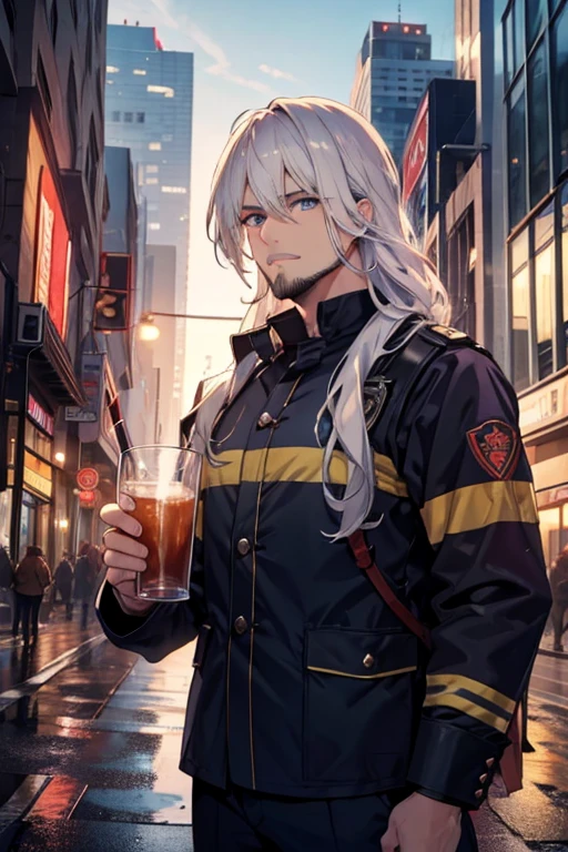 A muscular blonde haired male firefighter with blue eyes with long hair and a dark beard is drinking a beard on the street of a busy city