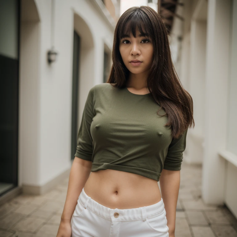 8K, Masterpiece, Best Quality, RAW Photo, Photorealistic, Depth of Field, Cinematic Lighting, Lens Flare, Ray Tracing, Highly Detailed, Ultra Realistic, 1girl, street, Asian, medium wavy brown hair, bangs, green shirt, white shorts, large breast