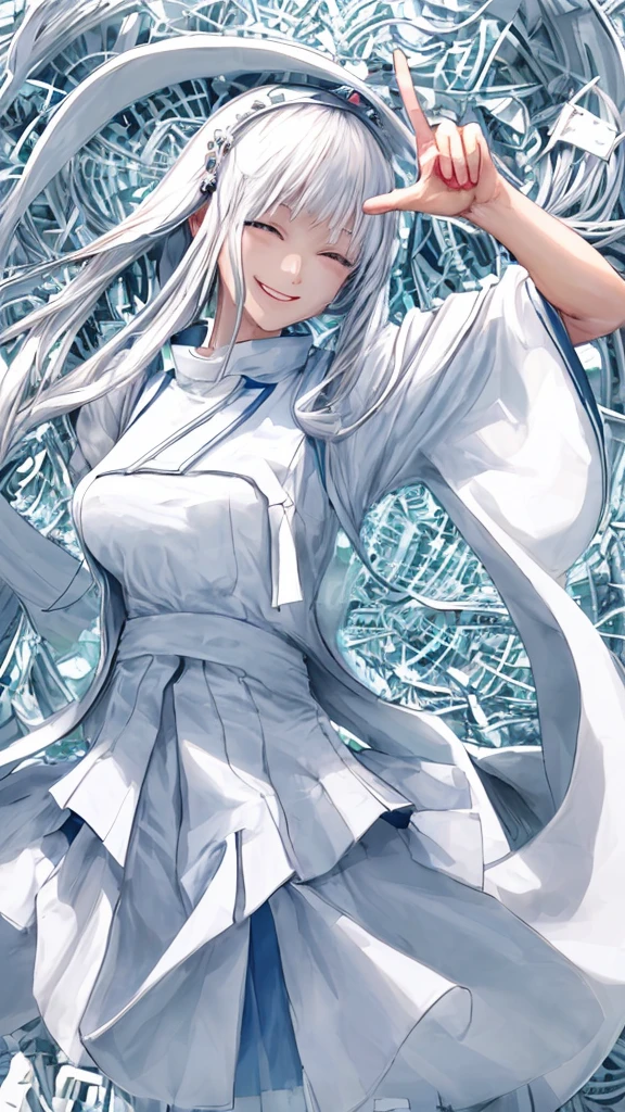 smiling woman、wearing white clothes、Her clothes have horizontal letters that say ``Peace is important.''