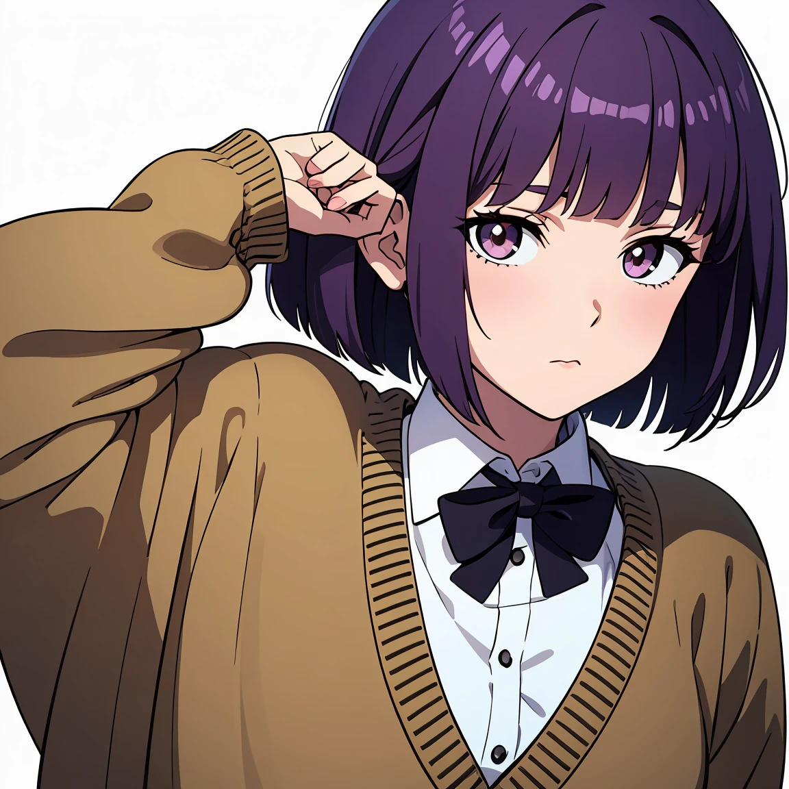 Purple hair, brown eyes, Bob cut, cardigan uniform, anime style, young adult, plain background, white background, {1 girl}