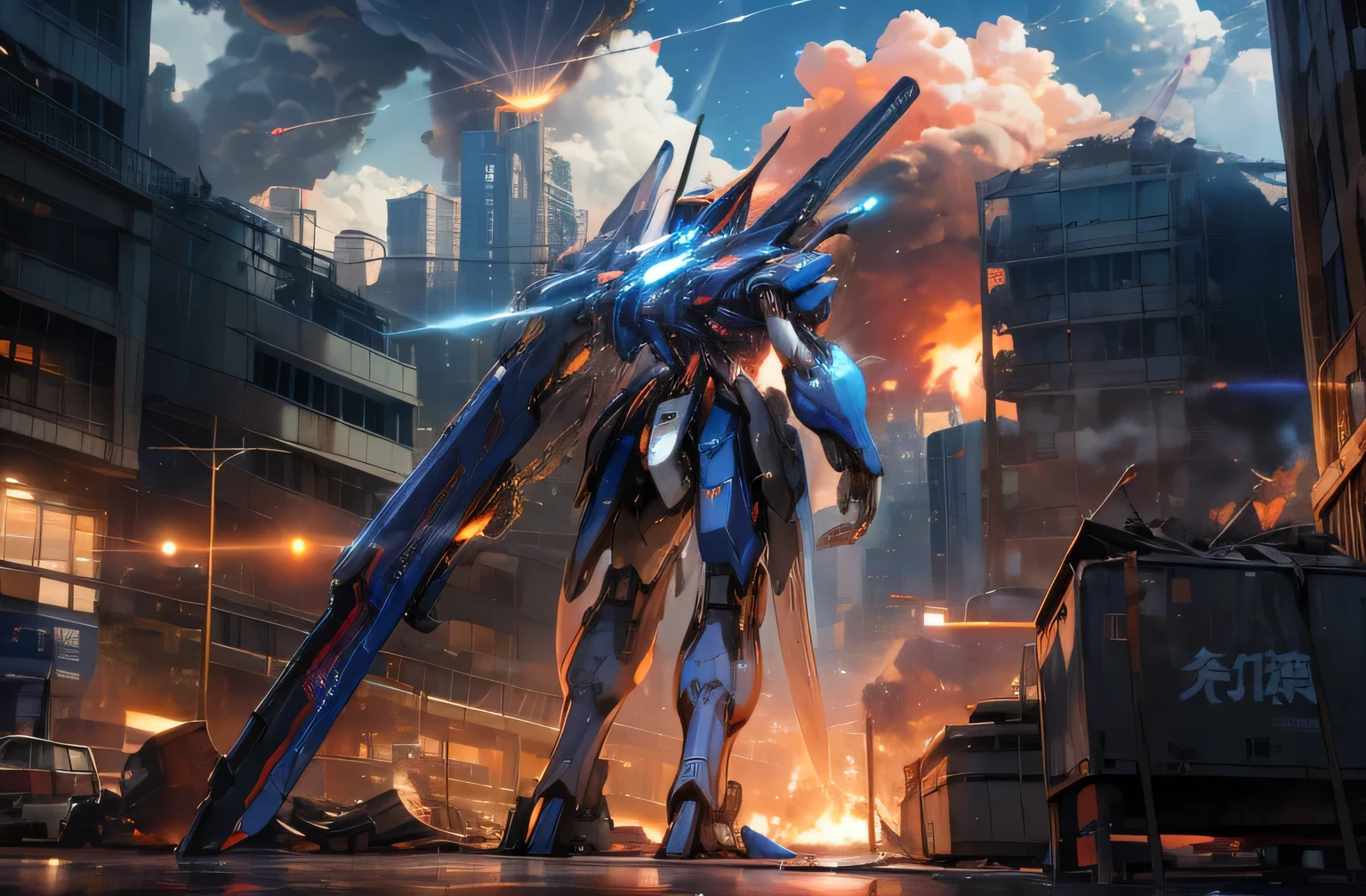 null, cloud, holding_arms, no_human, shine, , robot,Rear view, Rasvos,deep blue body,construction, shine_eye, Mecha, science_fiction, city nigth, genuine,Mecha、敵のrobotを破壊,burning building、Double rifle possession、funnel strafing、restart attack、Building explodes