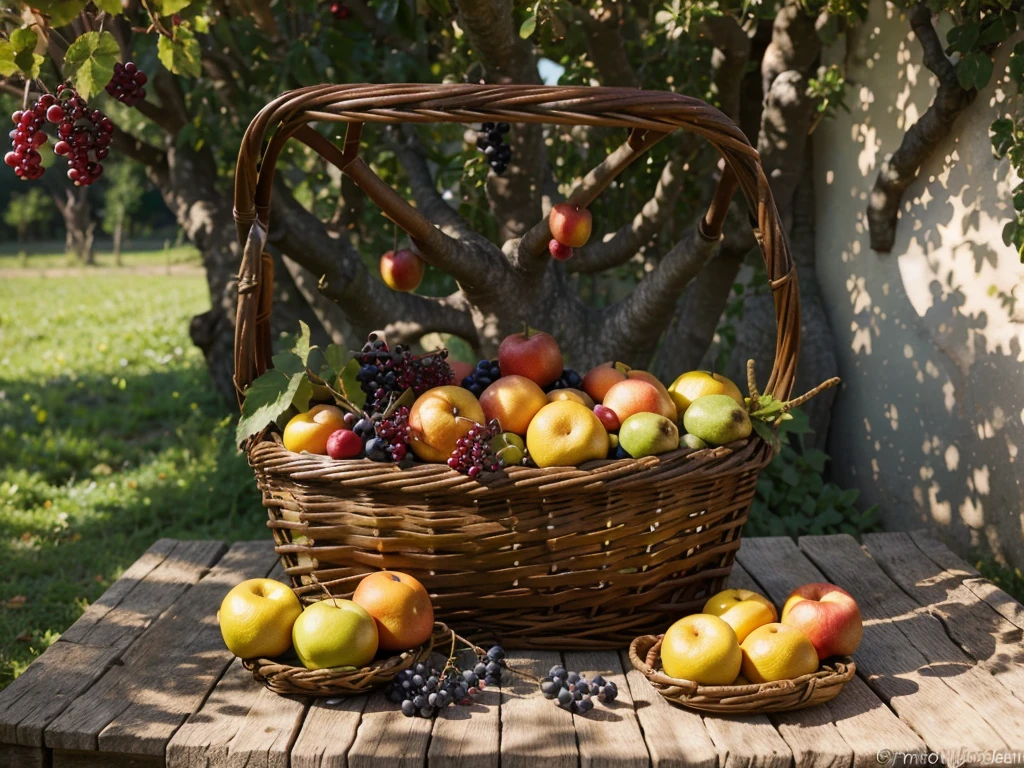 In a sunny fruit orchard, an old wooden table is adorned with a basket overflowing with a variety of fruits. The basket is surrounded by vibrant grapevines and lush green foliage. The table's surface shows signs of age and wear, adding a touch of rustic charm to the scene. The fruits in the basket are carefully arranged, creating a visual feast of colors and textures. The basket contains a generous assortment of mouth-watering fruits, including succulent berries, juicy oranges, ripe apples, and luscious grapes. The aroma of the fruits fills the air, enticing anyone who walks by. The abundant crops in the orchard serve as a testament to the bountiful harvest. The warm sunlight bathes the scene, casting gentle shadows and illuminating the vibrant colors of the fruits. The combination of the sunny day, the delectable fruits, and the old-world charm of the setting creates a picturesque and inviting scene. The artwork should be of the best quality, displaying ultra-detailed, sharp focus, and vivid colors. The style should capture the essence of a realistic and inviting fruit still life painting, showcasing the beauty and abundance of nature's harvest. The color palette should be rich and vibrant, with warm tones accentuating the natural colors of the fruits. The lighting should emphasize the textures and details, creating a sense of depth and dimension in the artwork.