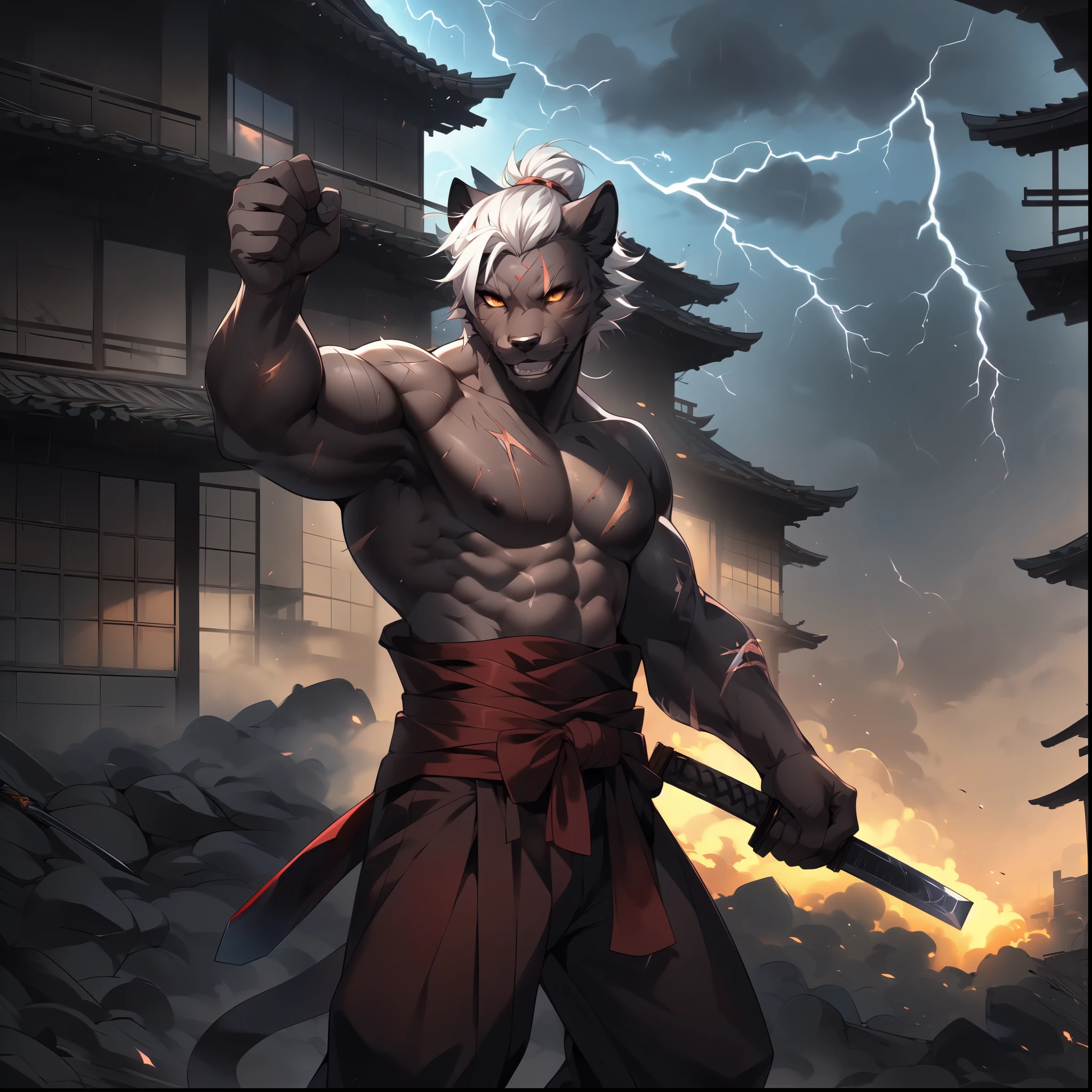 Solo, cute black panther male, yellow eyes, snout, Man athletic physique, big chest muscle, masculine, very muscular, white hair, top knot hair, snarling, feline teeth, scar on left eye, scars and cut wounds on body, naked, wearing red loincloth with bulge, muscles flexing, holding katana sword by the handle, elegant katana, in a dark destroyed Japanese village, thunderstorm, by fumiko, by hyattlen, by gudlmok99