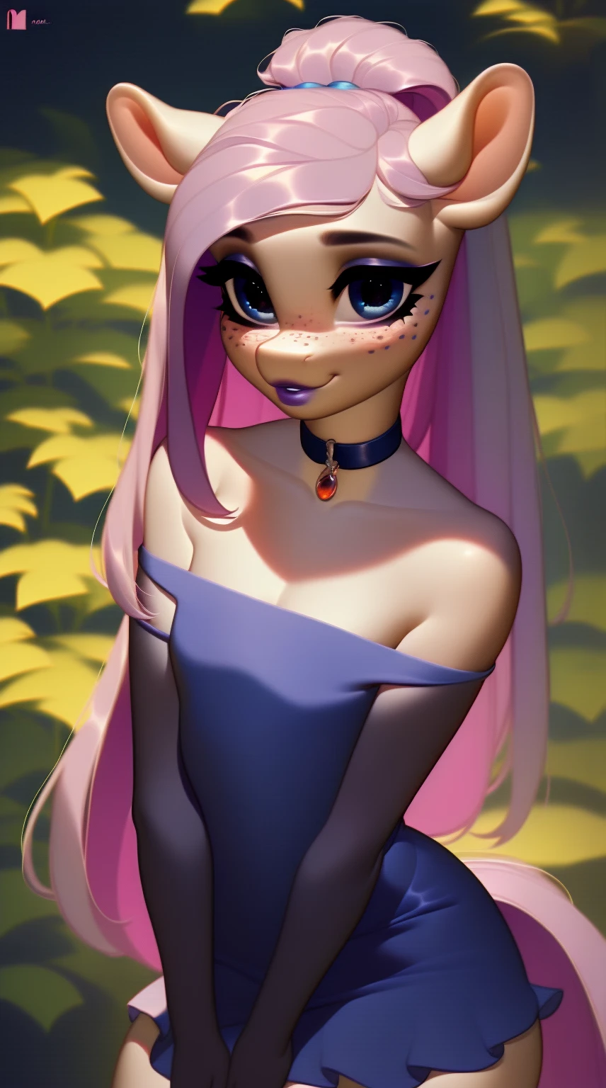 (score_9), (source_ derpibooru_p_95), (earth pony), ((anthro oc pony:1.1)), (CRYSTAL-CHOKER SATIN MAXI DRESS), shy, blushing, solo, bangs, realistic long hair, anatomically correct, flat chest, curvy figure, high res, pink bottom lip, extremely detailed, young, adorable, filly, absolutely stunning, freckles,