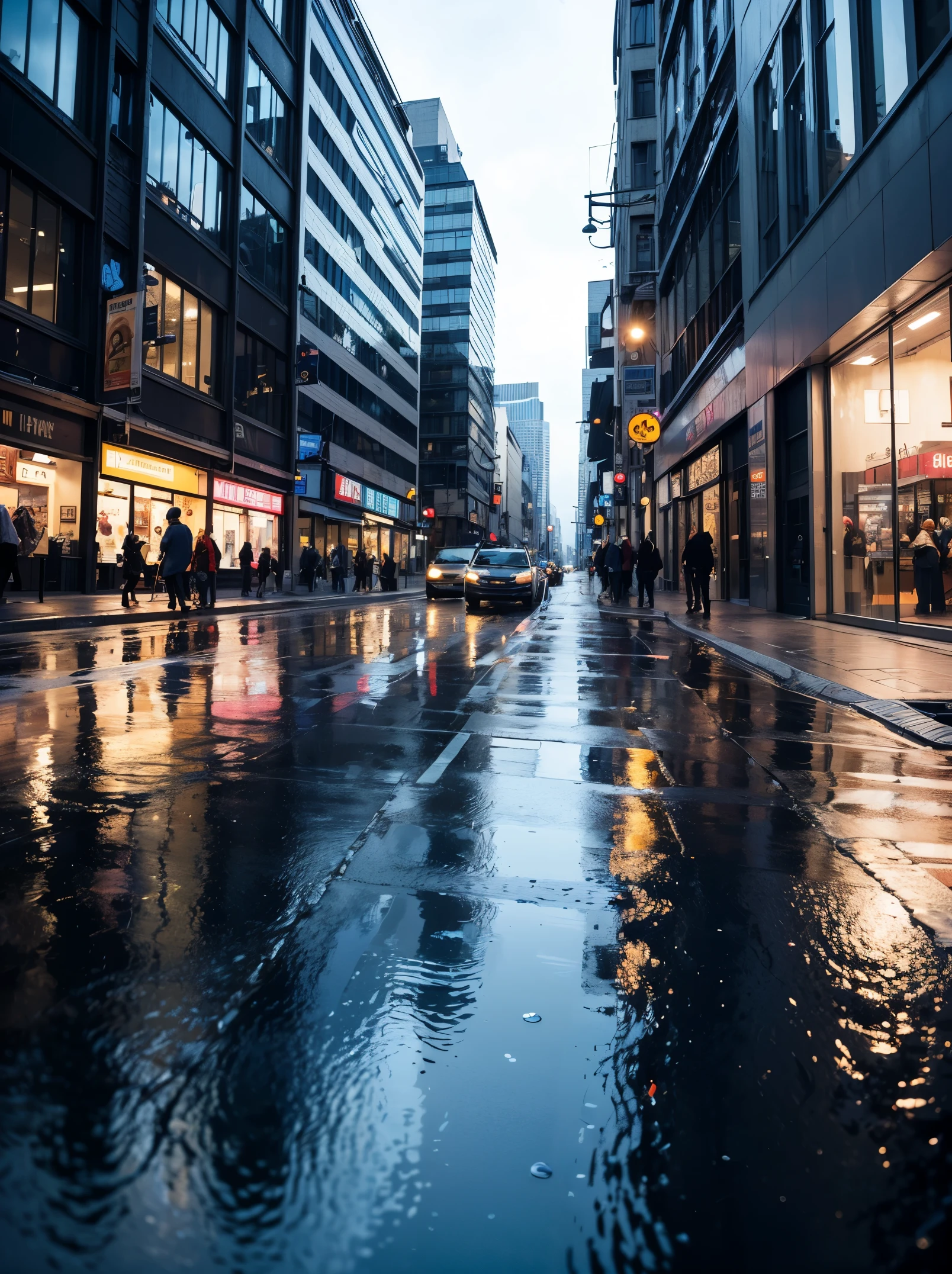 Masterpiece, ultra detailed. Create a city street scene on a rainy day, the azure sky reflecting in puddles on the asphalt, the buildings tinted with soft blue hues. Blurry foreground, from ground.