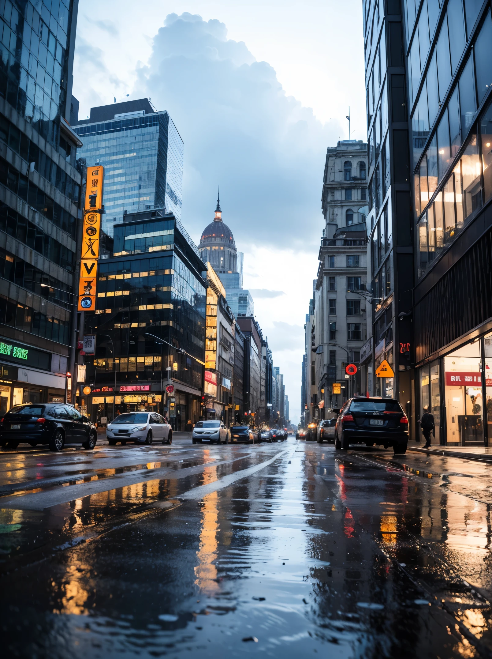 Masterpiece, ultra detailed. Create a city street scene on a rainy day, the azure sky reflecting in puddles on the asphalt, the buildings tinted with soft blue hues. Blurry foreground, from ground.