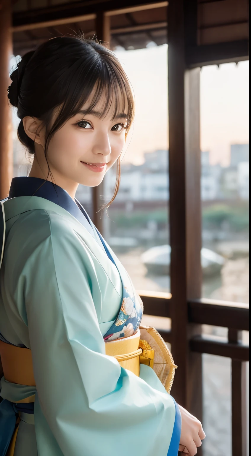 Professional Lighting,(Photorealsitic:1.4), (Top image quality:1.0), (超A high resolution:1.0), 8K, Raw photography, (masterpiece:0.2), (pureerosface_v1:0.5)、(Best Quality Detail:1.2)、realisitic、8K UHD、hight resolution、(1girl in:1.2)、The ultra-detailliert、High quality textures、intricate detailes、detaileds、Very detailed CG、High quality shadows、Detail Beautiful delicate face、Detail Beautiful delicate eyes、(Symmetrical eyes:1.2),depth of fields、Ray traching,1girl in, japanaese girl, (Natural smile:1.4),Cute, slender, Portrait of a beautiful Japan woman in kimono, Standing in an elegant posture on a street corner in Kyoto. The kimono is vivid with traditional patterns, Hair decorated with elegant and delicate kanzashi, and a gentle expression. (Kyoto's old cityscape in the background:1.4)、Soft light on a spring afternoon、Adds tranquility to the scene. Render in a realistic style with meticulous attention to detail, high resolution images.skyporn, Magic Hour, (Realistic:1.3), Finely detailed, quality, (masutepiece:1.2), (Photorealistic:1.2), (Best Quality), (Intricate details), Dramatic, Ray tracing, photograph, +Lola