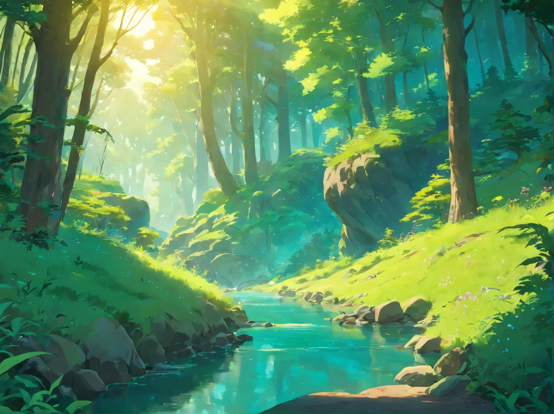 Soft color, studio ghibli, ghibli style, soft tone, lense flare, 90s film style, desk, flower pot, journal, pen. window, forest, hills, Kodak, film grains, hue, anime, Cinematic, high detail, film grain, Fujicolor, UHD, retina, masterpiece, super detail, high details, best quality, 8k, 4K
