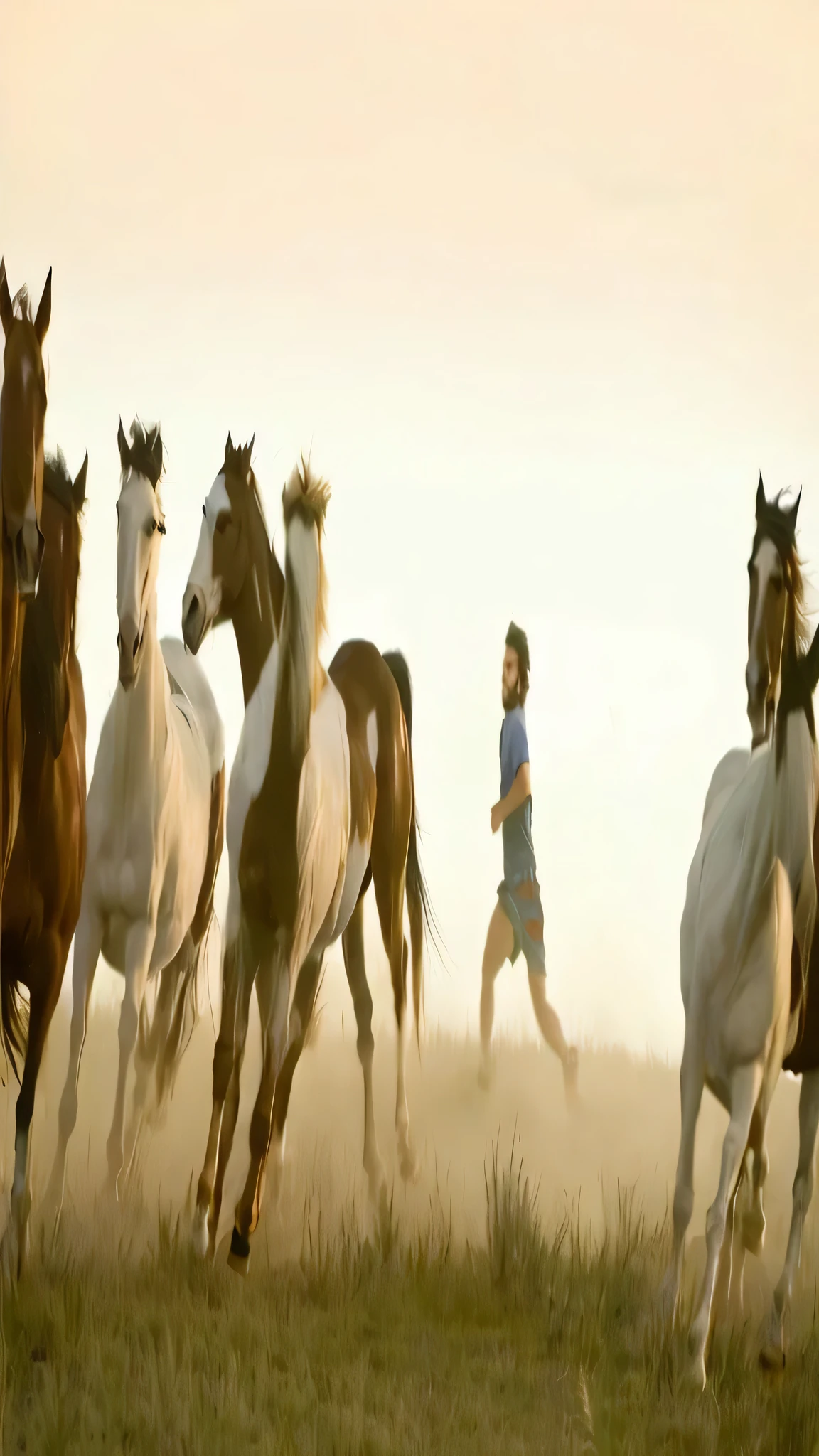 faaris azura with horses running in a field with faaris azura running behind them, horses in run, galloping, horses, still from a live action movie, faaris azura chasing action scene, faaris aura running freely, in the steppe, faaris azura