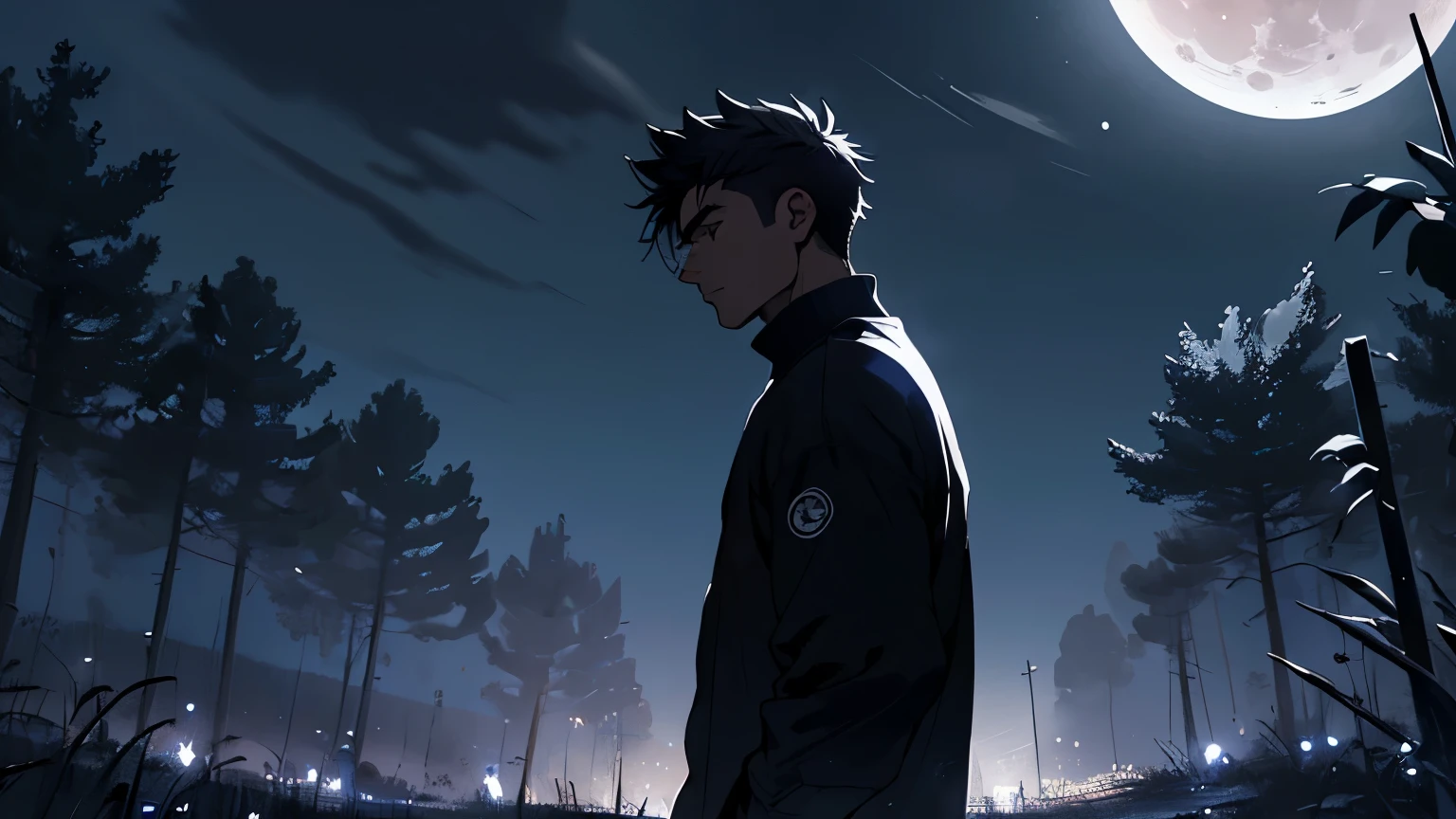 Dibuja a un joven con sudadera negra con la capucha puesta, sentado en un campo de noche. He's thinking about his past. Dramatic moon lighting illuminates the scene, proyectando sombras profundas. The young man looks thoughtful and melancholic.