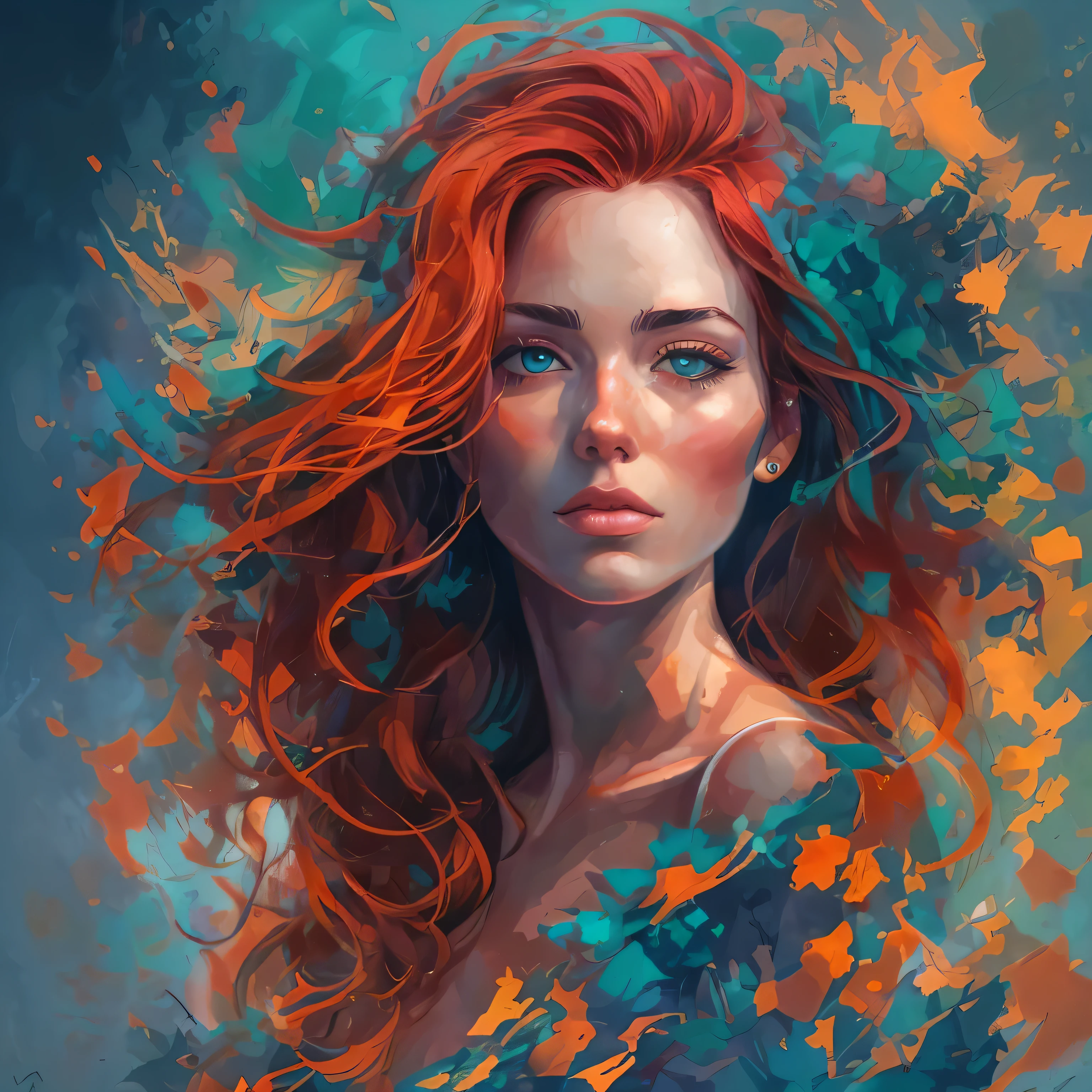 painting of a woman with red hair and a blue background, trending on cgsociety, digital art, colorful digital painting, vibrant digital painting, expressive beautiful painting, gorgeous digital art, painted digital art, inspiring digital art, gorgeous digital painting, expressive digital painting, painterly illustration, digital painting style