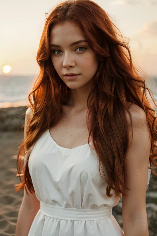 young woman, beautiful face, long wavy hair, fiery red hair color, bright green eyes, white skin, sunset background, blurred background, photorealism, wearing a white dress