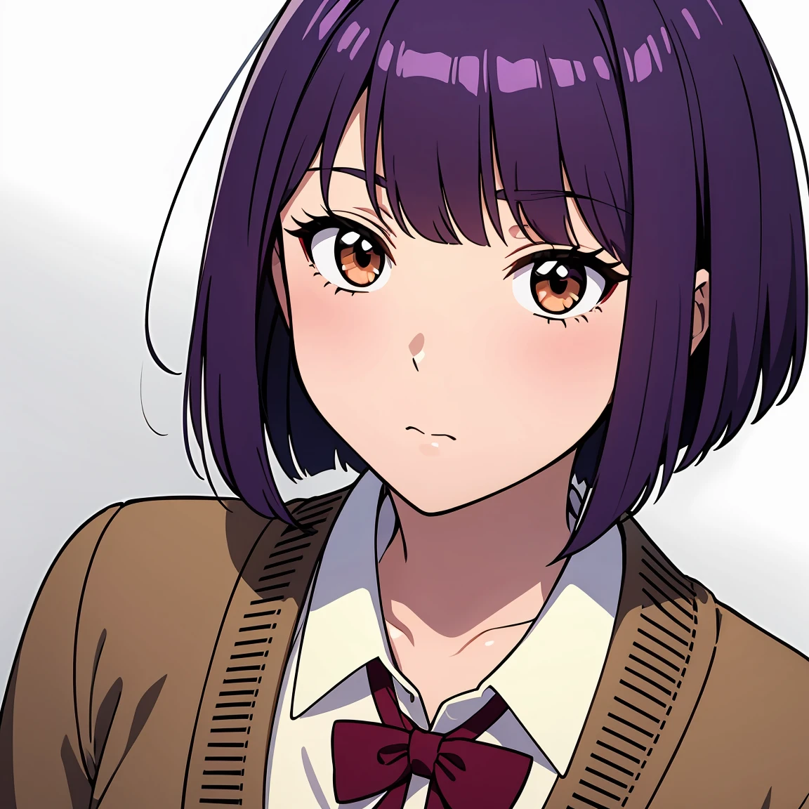 Purple hair, brown eyes, Bob cut, cardigan uniform, anime style, young adult, plain background, white background, {1 girl}, (close up)