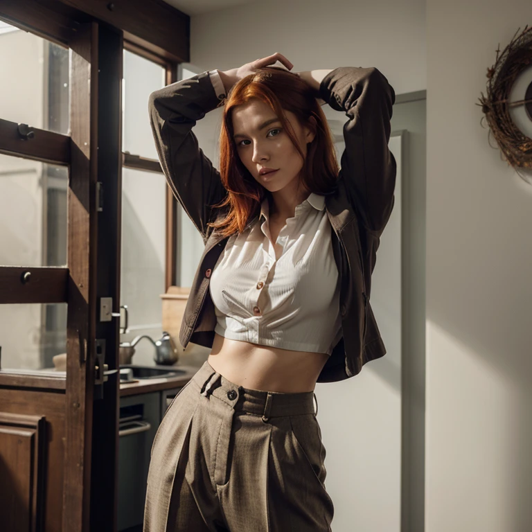 A photo of a seductive woman with loosely styled red-haired hair, Posieren im dunklen Studio, she wears a shirt and trousers with buttons, Komplizierte Details, Goose flesh, makelloses Gesicht, shy, Prudish, (leichte Sommersprossen:0.9), ((fotorealistisch):1.2), ROH, in verschiedenen Posen