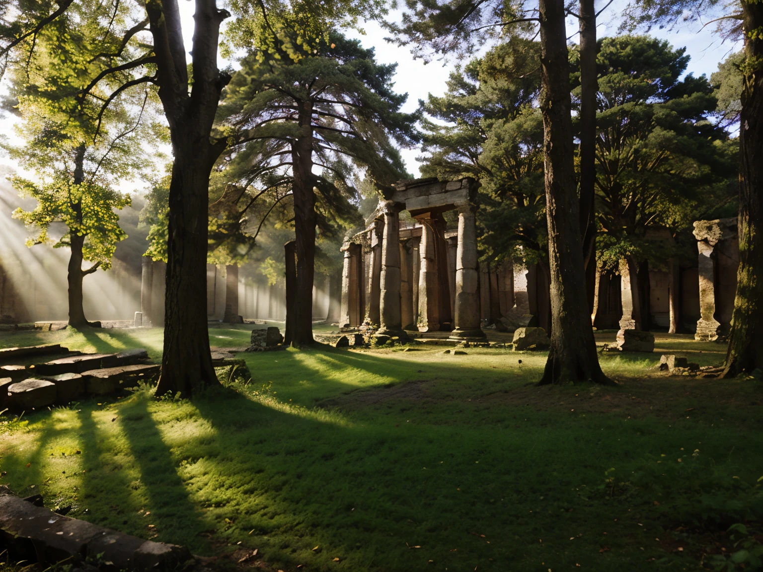 Trees, ancient ruins, woodland, sunlight.