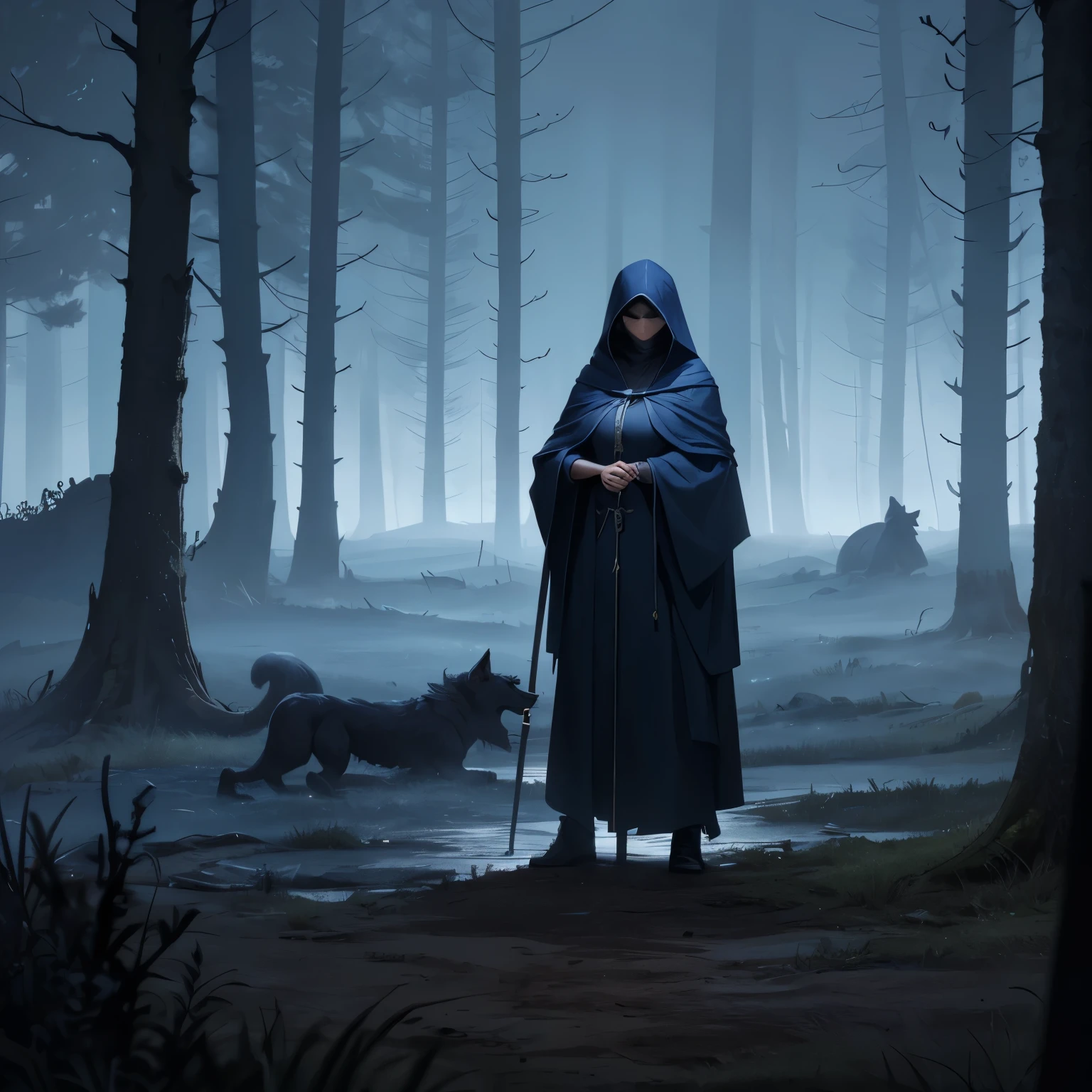 Hooded woman standing, with staff in hand, with many dead werewolves lying on the ground. Flat area scenery with few dry trees, a lot of fog. Totally bluish and dark lighting. Overnight, very distant view of the scene.