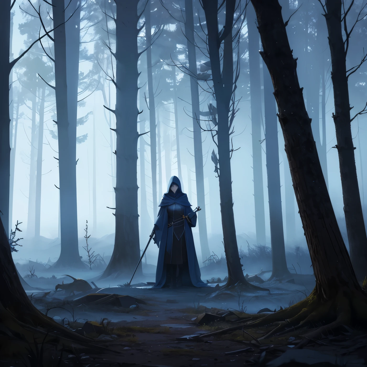 Hooded woman standing, with staff in hand, with many dead werewolves lying on the ground. Flat area scenery with few dry trees, a lot of fog. Totally bluish and dark lighting. Overnight, very distant view of the scene.