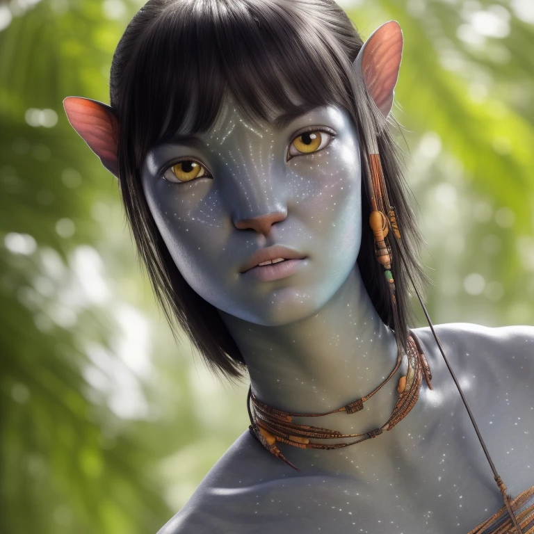 avtr:0.9, avatar style, portrait photo:1.6, 1girl:1, female, (asian, japanese), Rina Fukushi:1, gray skin color:1.0, (gray skin tone:1.3), (short hair:1.0), black hair color, (teen), teenage, wearing tribal clothing, wearing a top:1.3, wearing a loincloth, detailed eyes, toned body, muscled body, glowing, ethereal atmosphere, natural lighting, textured skin, otherworldly beauty, mesmerizing photography, (best quality, highres), vivid colors, ultrarealistic, skin details, striped skin, sfw, face close-up, (eyebrowless:1.0), ultradetailed body