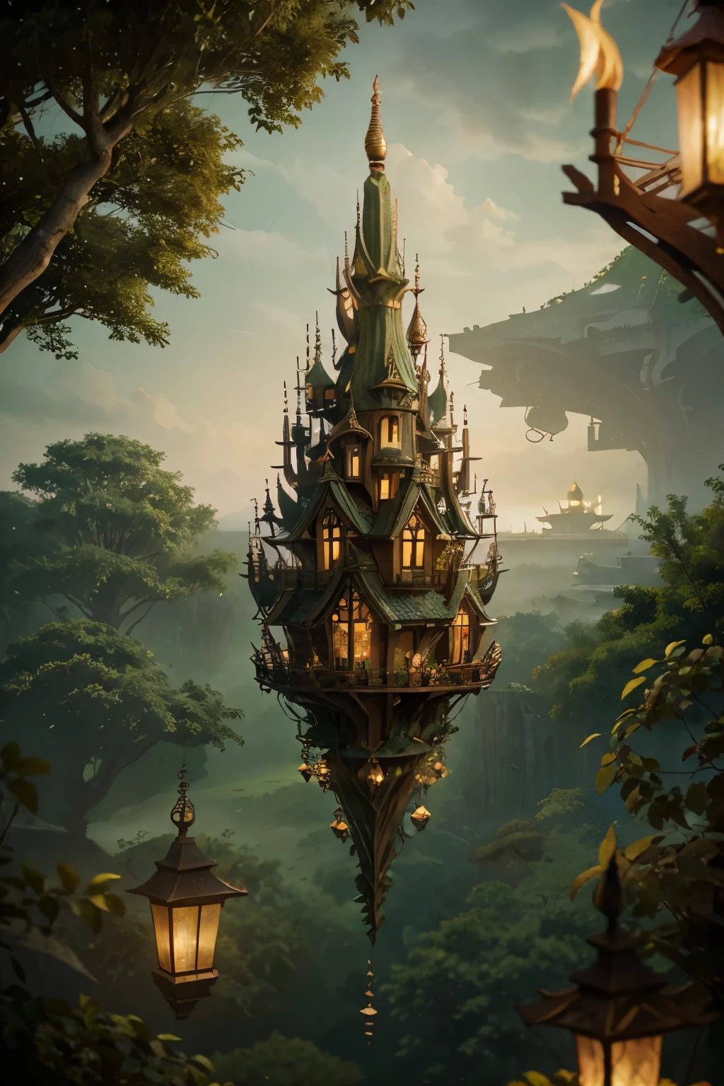 elven floating city, shape of tree branches, wood, lanterns, magical, fantasy, expressive painting style, soft colors green beige brown, elvish symbols