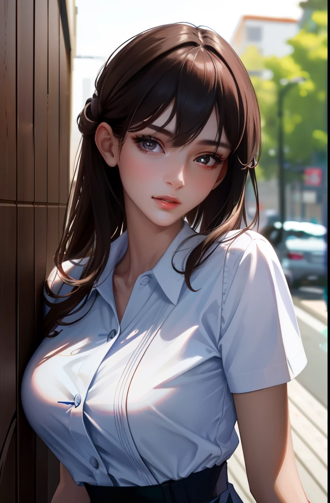 ((Best quality, 8k, Masterpiece :1.3)), sensual woman, 1girl, (slender figure :1.2), dark brown hair, (outdoor, shirt, shorts :1.1), ultra-detailed face, detailed lips, detailed eyes, double eyelid,(big breasts:1.5), in frame