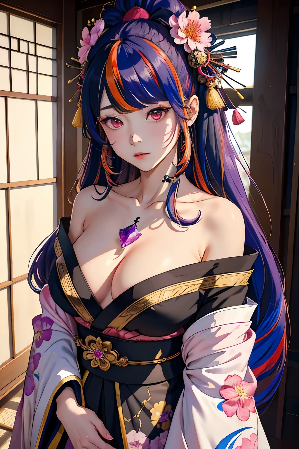Masterpiece, Best Quality, Extremely Detailed, Absurd, Expressive Clothing, Fine Fabric Accent, Ray Traced, Fantasy Style,
1 girl, full length, bowed head, chest size 3, Hanfu, heart, Kimono, (multi-colored hair:1.4), off the shoulder, Pink eyes, Japanese architecture, indoors, light and shadow, crystal flower, crystal,