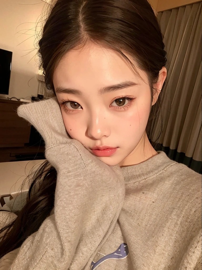 Arafed woman with long hair and a gray sweater posing for a photo., jennie rosa negro, heonhwa choe, joven y adorable rostro coreano, pale korean adorable face, con cara linda - fina, ulzzang, ella tiene una cara linda, Jinyoung Shin, jaeyeon nam, aparcar desde-min, con mejillas redondas, lee ji - eun