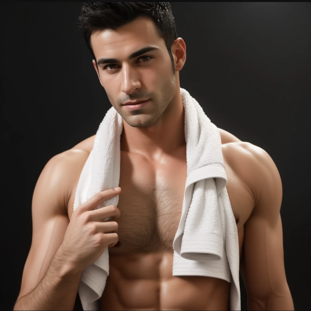 arafed man with towel on his shoulders holding a towel, wearing a towel, attractive male, strong masculine features, masculine features, sparse chest hair, attractive man, smooth body features, handsome male, male model, handsome and attractive, clean shaven face, attractive and good looking, sweating intensely, clean shaven, chest hair, disrobed